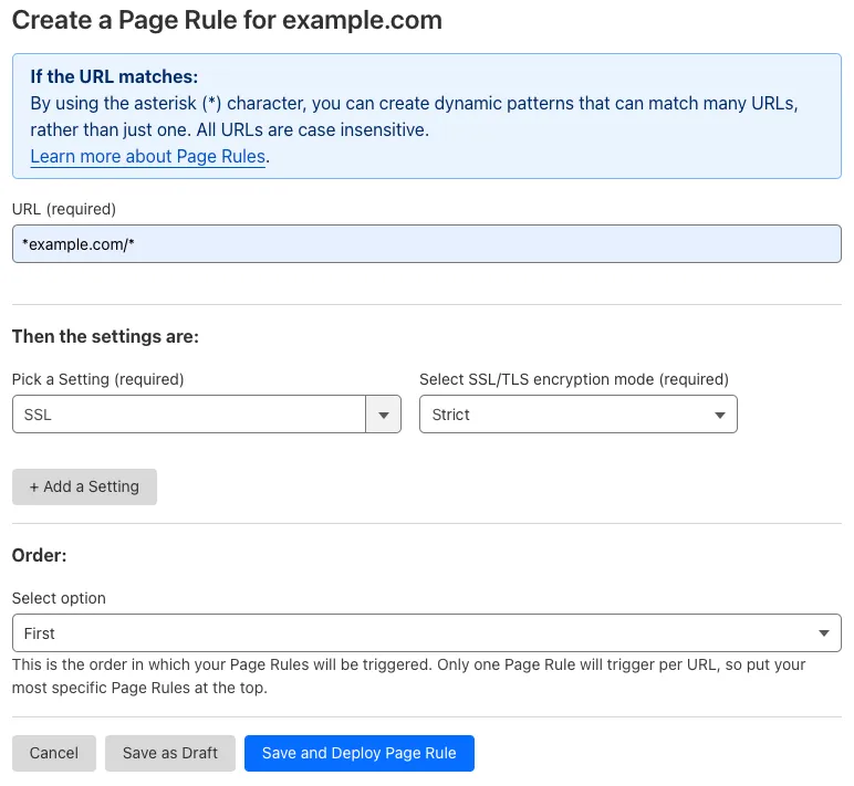 Example Page Rule with 'SSL' setting