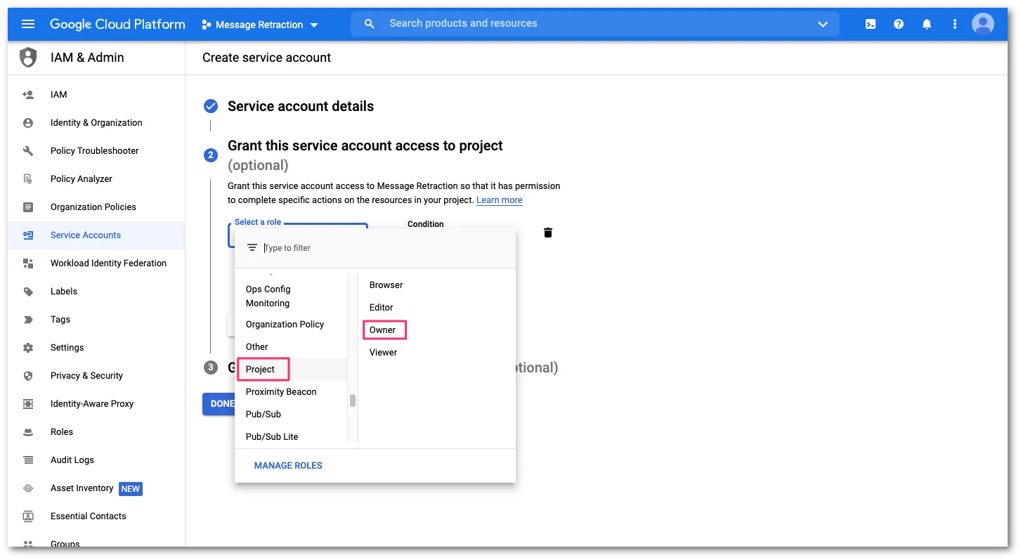 Find the project owner options, in the Grant this service account access to project section