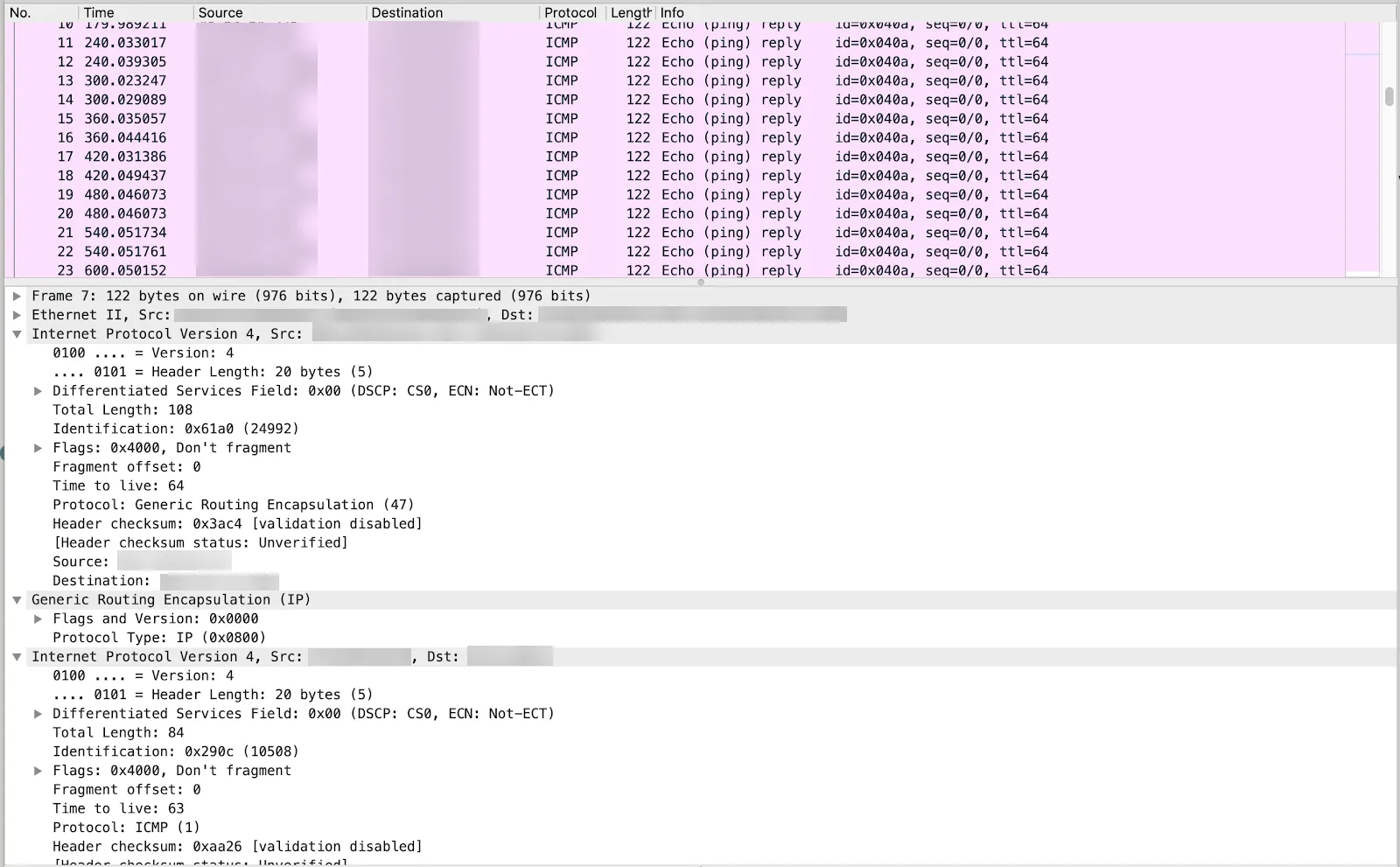 Wireshark example for tunnel health checks with ICMP reply packet